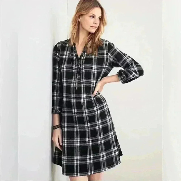 GARNET Hill 6 Black Plaid Organic Cotton Long Sleeve Pop Over Tunic Shirt Dress - Picture 1 of 8